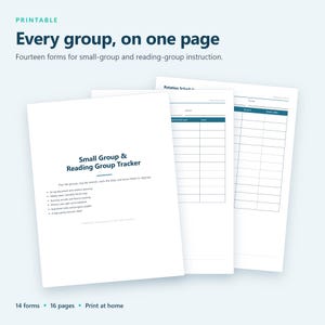 May include: A printable set of fourteen forms for small-group and reading-group instruction. The documents feature the text "Small Group & Reading Group Tracker" and include various tables for rotation schedules, group placement, and lesson logs.