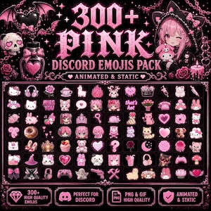 以下が含まれることがあります： 300種類以上のピンクをテーマにしたDiscord用絵文字のデジタルコレクションで、アニメーションと静止画のグラフィックが含まれています。ハート、ドクロ、動物、キャラクターなどの様々なアイコンが、テキストと共に暗い背景に配置されています。