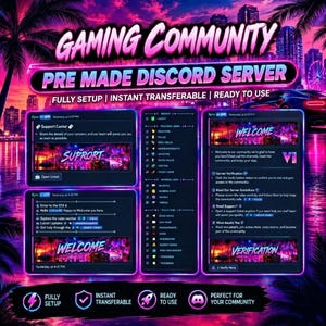 Op de afbeelding: Een digitale afbeelding met een kant-en-klaar Discord-serverlay-out met een neon synthwave-esthetiek. De afbeelding bevat tekst zoals GAMING COMMUNITY, PRE MADE DISCORD SERVER en verschillende kanaalnamen zoals SUPPORT CENTER, WELCOME en VERIFICATION.