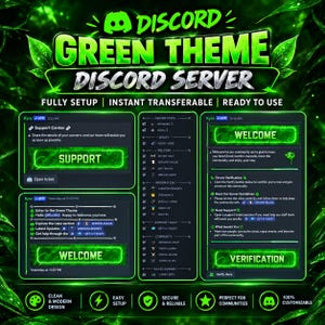 Pode incluir: Um modelo digital de servidor Discord com um tema verde vibrante e detalhes em neon brilhante. O layout inclui vários painéis de interface exibindo seções de suporte, boas-vindas e verificação com rótulos de texto.