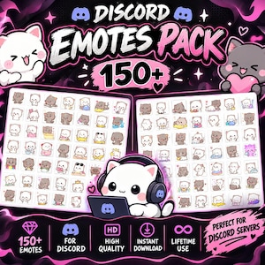 Könnte beinhalten: Eine digitale Sammlung von über 150 Discord-Emotes mit weißen und grauen Cartoon-Katzen in verschiedenen Posen. Die Grafik enthält den Text DISCORD EMOTES PACK 150+, eine zentrale Katze mit Kopfhörern an einem Laptop sowie Symbole für hohe Qualität.