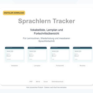 Peut inclure: Un modèle numérique de suivi d'apprentissage des langues avec le texte Sprachlern Tracker, Vokabelliste, Lernplan und Fortschrittsübersicht. Il comprend quatre petites fenêtres de prévisualisation pour le vocabulaire, les plans et les progrès.