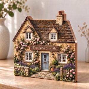 Può includere: Una targa decorativa in legno raffigurante un cottage in pietra con tetto in tegole scure, porta d'ingresso blu e rose rampicanti rosa. Un cartello in legno sopra la porta riporta la scritta The Parker Family in bianco.