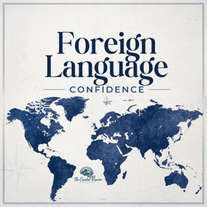 May include: A square graphic featuring the dark blue text Foreign Language CONFIDENCE above a dark blue watercolor-style world map. A small logo with a brain and wave icon and the text The Coastal Rewire is centered below the map.