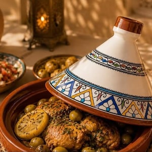 Puede incluir: Un tajine de cerámica con tapa cónica que presenta patrones geométricos pintados a mano en azul, amarillo y verde. La base contiene pollo cocinado, aceitunas verdes y rodajas de limón. La tapa tiene un pomo marrón en la parte superior.