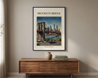 Brooklyn Bridge Print, New York City Skyline Travel Poster, NYC Wall Art Manhattan Decor (Digital Download)
