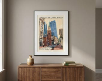 Boston Print, Old South Meeting House Washington Street, Downtown Boston Travel Poster Wall Art (Digital Download)