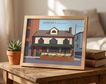 Hunter's South Boston Restaurant Print, Storefront Wall Art, Digital Download, South Boston Decor, Printable Illustration