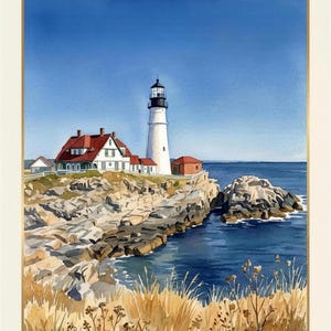 May include: A watercolor print titled CAPE ELIZABETH MAINE featuring a white lighthouse and a house with a red roof situated on a rocky coastline. The foreground shows dry golden grasses, while the background displays a deep blue ocean and sky.