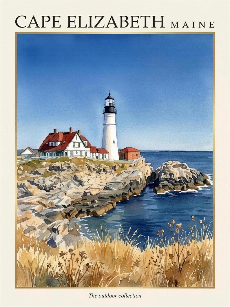 May include: A watercolor print titled CAPE ELIZABETH MAINE featuring a white lighthouse and a house with a red roof situated on a rocky coastline. The foreground shows dry golden grasses, while the background displays a deep blue ocean and sky.