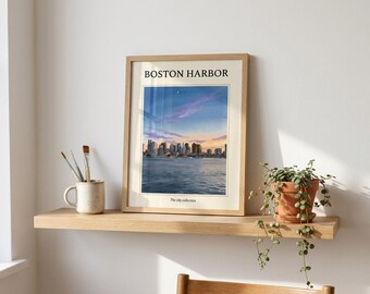 Boston Harbor Print, Boston Skyline at Dusk Travel Poster, Massachusetts Coastal Wall Art (Digital Download)