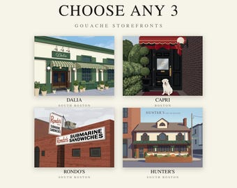 Choose Any 3 Gouache Storefront Prints, Boston Wall Art, Restaurant Art Bundle, Digital Download, Storefront Print Set, Southie Gift