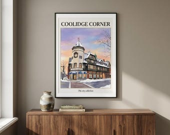 Coolidge Corner Print, Brookline Massachusetts Winter Snow Travel Poster Wall Art (Digital Download)