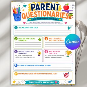 Op de afbeelding: Een kleurrijk printbaar vragenformulier voor ouders met de titel PARENT QUESTIONARIES met zeven genummerde secties voor informatie over een kind. Het document bevat illustraties van potloden, een appel, boeken, een gloeilamp, een trofee en een doelwit.
