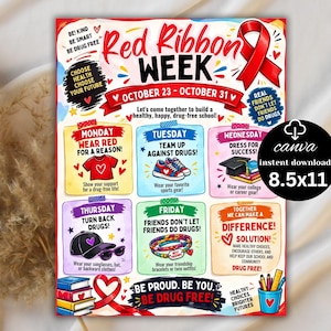 May include: A Red Ribbon Week flyer featuring a red ribbon graphic and text detailing daily themes from October 23 to October 31. The design includes colorful boxes for Monday through Friday with illustrations of a shirt, sneakers, cap, and bracelets.