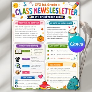 Op de afbeelding: Een kleurrijke nieuwsbriefsjabloon voor de eerste klas voor oktober 2026. Het document bevat secties voor welkom, updates, leerdoelen, belangrijke data en herinneringen, versierd met illustraties van een pompoen, potlood en rugzak.