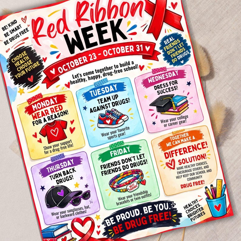 Red Ribbon Week Itinerary Flyer Template Printable Editable School PTO ...