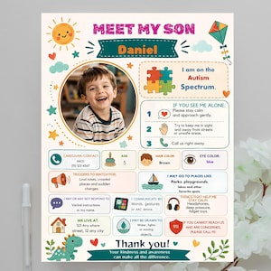 Op de afbeelding: Een informatiekaart met de titel MEET MY SON Daniel, voorzien van een ronde foto van een lachend kind, een grafische weergave van het autismespectrum en secties voor contactgegevens, triggers, communicatiemethoden en veiligheidsinstructies met kleurrijke iconen.
