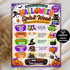 May include: A colorful flyer for Bluetale Elementary Halloween Spirit Week, listing daily themes from Monday to Friday. It features illustrations of ghosts, pumpkins, a black cat, and a witch hat, with text detailing dress-up activities.