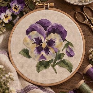 Puede incluir: Un bastidor de bordado circular de madera que contiene un diseño de punto de cruz de una flor de pensamiento. La flor presenta tonos de morado oscuro, amarillo claro y blanco, con hojas verdes y un pequeño capullo sobre tela beige.