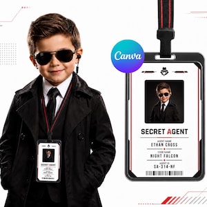 May include: A vertical plastic ID badge holder with a black and red lanyard. The white card features the text SECRET AGENT, the name ETHAN CROSS, the code name NIGHT FALCON, the agent ID SA-314-NF, a barcode, and a small portrait of a child.