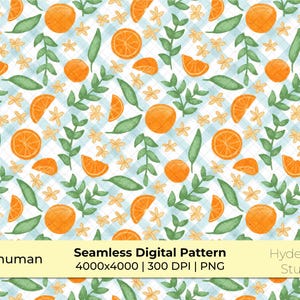 Könnte beinhalten: Ein nahtloses digitales Muster mit einem hellblau-weißen diagonalen Vichy-Karo-Hintergrund, verziert mit aquarellartigen Orangenscheiben, ganzen Orangen, grünen Blattzweigen und kleinen gelben Blüten. Der Text lautet 100% human, Seamless Digital Pattern, 4000x4000 | 300 DPI | PNG und Hydeaway Studio.