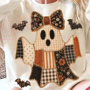 Retro Spooky Season Patchwork Ghost PNG, Fall Halloween Ghost Bow Checkered Pattern Digital Download, Spooky Vibes PNG, Ghost PNG