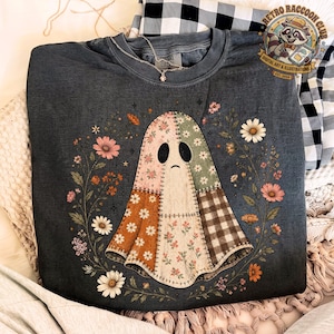 Fantasma patchwork PNG Fantasma floreale trapuntato Design a sublimazione Vintage Cottagecore Halloween Stagione spettrale Download digitale Clip art autunnale
