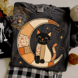 Retro Halloween Cozy Cat Moon PNG, Orange Fall Cat Faux Stitch Png, Boho Autumn PNG, Spooky Season PNG, Patchwork Cat