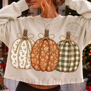 May include: A beige long-sleeve sweatshirt featuring a graphic of three pumpkins with brown stems and twine bows. The left pumpkin has a cream floral pattern, the centre is orange with white flowers, and the right is green and white gingham.