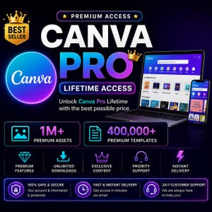 Può includere: Un annuncio grafico digitale per l'accesso a vita a Canva Pro con un laptop e uno smartphone che mostrano l'interfaccia. Il testo include Premium Access, 1M+ Premium Assets, 400.000+ Premium Templates e dettagli di supporto 24/7.