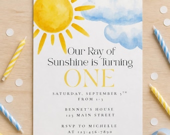 May include: A rectangular birthday invitation card featuring a watercolor yellow sun and blue clouds. The text reads: Our Ray of Sunshine is Turning ONE, SATURDAY, SEPTEMBER 5TH FROM 1-3, BENNET'S HOUSE 123 MAIN STREET, RSVP TO MICHELLE AT 123-456-7890.