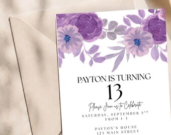 Purple Flower Birthday Invitation - Girl Birthday - Perfect For Any Age: Canva Digital Download