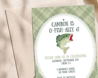 O-Fish-Ally Birthday Invitation - Fish Theme - Green Plaid - Boy Birthday: Canva Digital Download