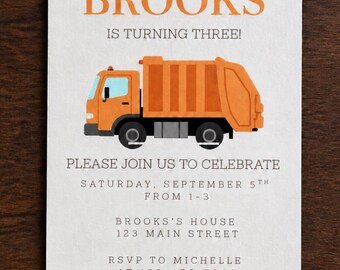 Garbage Truck Birthday Invitation - Orange Theme - Boy Birthday: Canva Digital Download