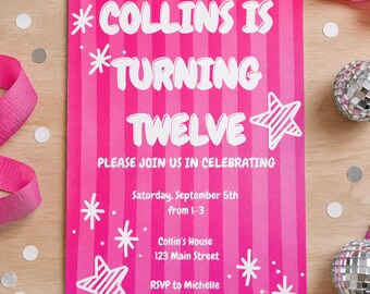 Hot Pink Striped Birthday Invitation - Girl Birthday - Stars: Canva Digital Download