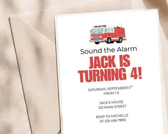 May include: A white rectangular birthday invitation card featuring a red fire truck illustration at the top. The text reads: Sound the Alarm, JACK IS TURNING 4!, SATURDAY, SEPTEMBER 5TH FROM 1-3, JACK'S HOUSE 123 MAIN STREET, RSVP TO MICHELLE AT 123-456-7890.