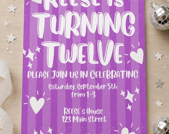 May include: A rectangular purple invitation card with vertical stripes and white text reading Reese is turning twelve, please join us in celebrating, Saturday, September 5th from 1-3, Reese's House 123 Main Street, RSVP to Michelle at 123-456-7890.