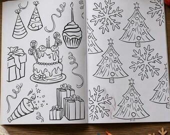 May include: An open coloring book featuring black and white line art illustrations of birthday cakes, party hats, gift boxes, Christmas trees, and snowflakes. The pages are filled with festive motifs, and four colored pencils are placed nearby.