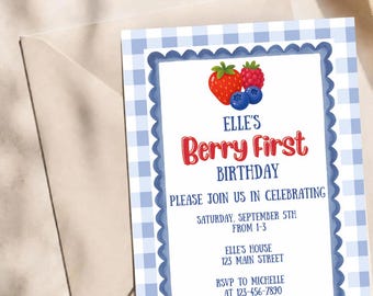 Berry First Birthday Invitation - Blue Plaid - Girl Birthday - Berry Theme - Canva Digital Download