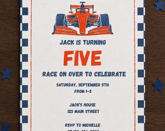 Racecar Birthday Invitation - Start Your Engines - Red and Blue Theme - Checkered Print: Digital Canva Download
