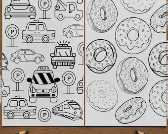 May include: Two white coloring pages featuring black line art. The left page displays various vehicles including a taxi, cars, and parking signs. The right page shows a pattern of multiple donuts with sprinkles. Colored pencils surround the pages.
