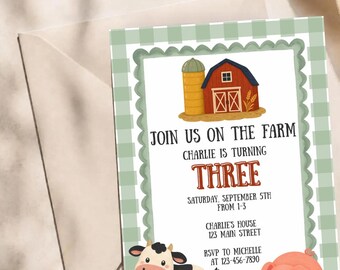 Join Us On The Farm Birthday Invitation - Farm Animals - Sage Green Plaid: Digital Canva Download