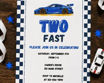 May include: A rectangular party invitation with a blue and white checkered border. The text reads TWO FAST, PLEASE JOIN US IN CELEBRATING, SATURDAY, SEPTEMBER 5TH FROM 1-3, CADEN'S HOUSE 123 MAIN STREET, RSVP TO MICHELLE AT 123-456-7890.