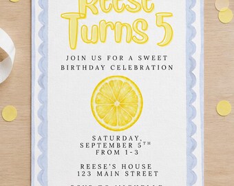 Sweet Celebration Lemon Birthday Invitation - Yellow and Blue Theme - Girl Birthday: Canva Digital Download