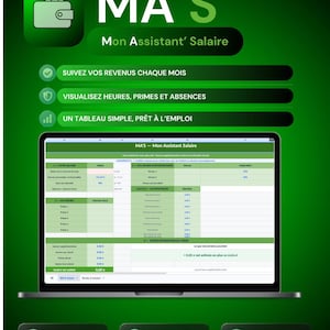 Peut inclure: Une interface numérique pour l'application MA'S Mon Assistant Salaire affichée sur un écran d'ordinateur portable. Le fond vert présente du texte en français, incluant des points pour suivre les revenus, heures, primes et absences.