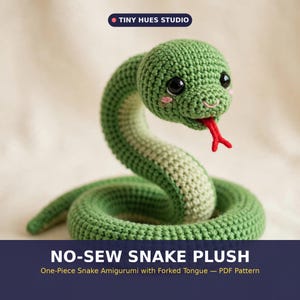 May include: A green crocheted snake plush with a light green underbelly, large black eyes, pink blush marks, and a red forked tongue. The text TINY HUES STUDIO and NO-SEW SNAKE PLUSH One-Piece Snake Amigurumi with Forked Tongue — PDF Pattern is visible.