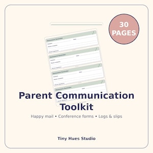 Könnte beinhalten: Ein Parent Communication Toolkit Dokumentenset mit 30 Seiten druckbaren Formularen. Das Blatt zeigt vier Homework Reminder Abschnitte mit Feldern für Schülernamen, Datum, Aufgaben und Unterschrift der Eltern. Text beinhaltet Happy mail, Conference forms, Logs & slips und Tiny Hues Studio.
