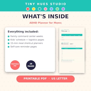 Könnte beinhalten: Ein digitaler ADHS-Planer für Mütter mit dem Titel Tiny Hues Studio, der eine Inhaltsliste mit Familien-Kommandozentralen-Wochen, Zeitplänen für Kinder, 15-Minuten-Mahlzeitenplanern und Selbstpflege-Erinnerungen enthält. Es ist ein druckbares PDF mit 26 Seiten.