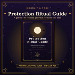 Op de afbeelding: Een donkerpaarse printbare ritueelgids getiteld Moonlit & Sage Protection Ritual Guide. De omslag toont een volle maan, sterren en kleine vleermuissilhouetten. De tekst bevat A gentle self-focused practice for calm and ease en Printable Ritual Guide.